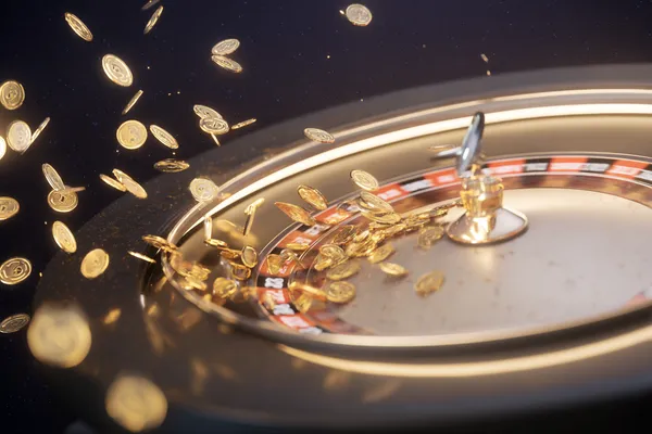 সোনালি কয়েনের ঝর্ণার মধ্যে ঘূর্ণায়মান একটি রুলেট চাকার ক্লোজ-আপ—যা 456DB–এ গভীর ক্যাসিনো অ্যাকশনকে তুলে ধরে।