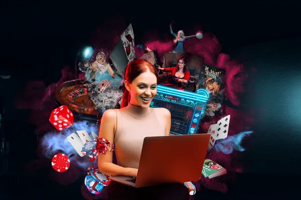 A woman smiling while playing online games on her laptop, surrounded by neon casino elements, showcasing 456DB’s diverse game collection.